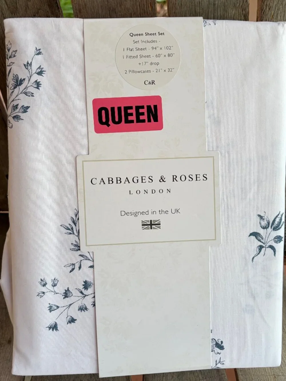 CABBAGES & ROSES London KITTY - BLUE Floral Cotton Percale Queen Size Sheet Set